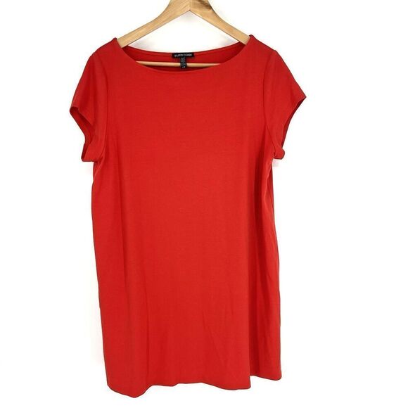Eileen Fisher Tunic Top Size Large Red Cap Sleeve Minimalist Jersey Bateau Neck - Picture 1 of 7